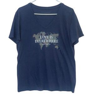 Life Is Good Cool Tee Womens Large Blue V-Neck T-Shirt “Love Is Everywhere” Flor